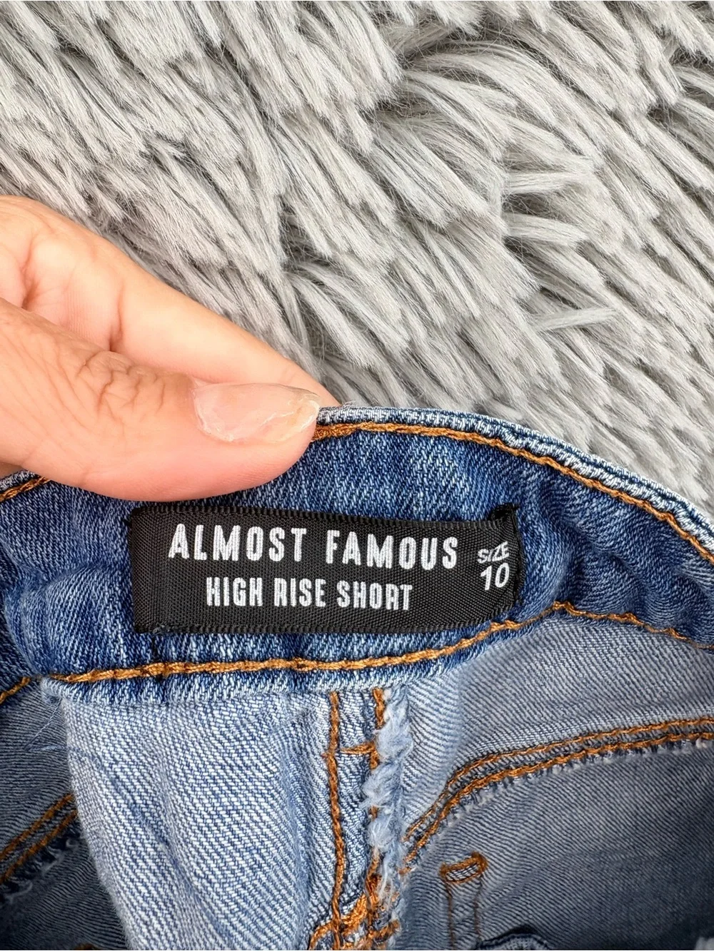 Almost Famous Denim Shorts Womens 10 High Rise Distressed Raw Hem Blue